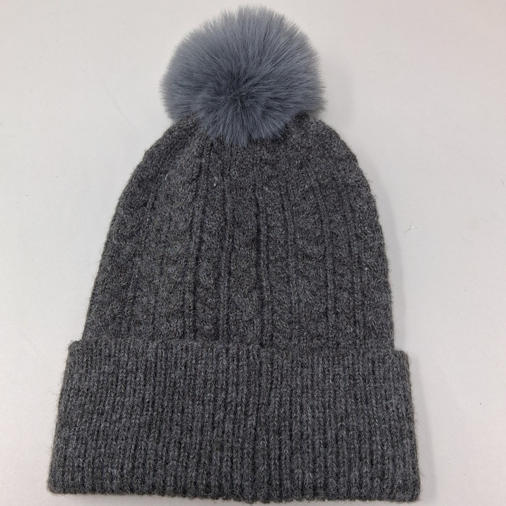 New York & Company Gray Cable Knit Faux Fur Pom-Pom Beanie Winter Hat